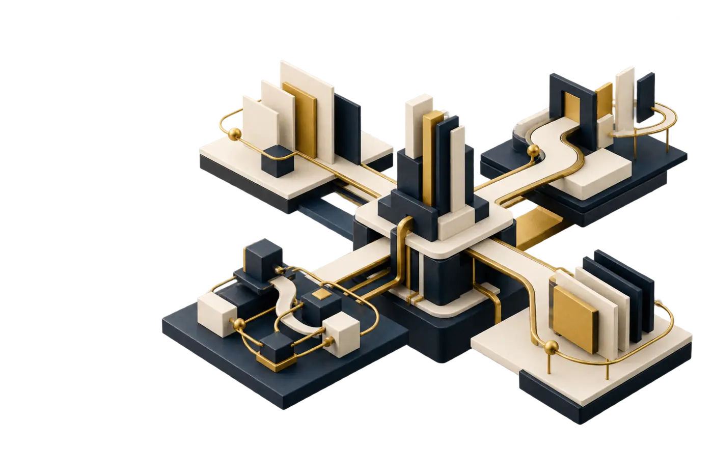 An architectural system linking customer experience, commerce, operations and digital ownership around one stable business core.